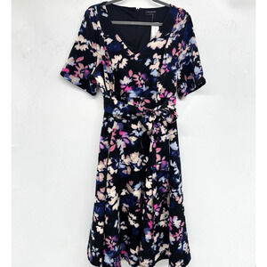 Lane Bryant Watercolor Floral Fit & Flare Dress Sz 16 Navy Blue Pretty Whimsical